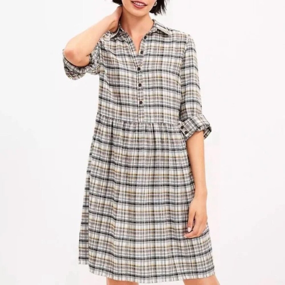 LOFT Plaid Brushed Cotton Soft Shirt Dress Multicolor Neutrals, L